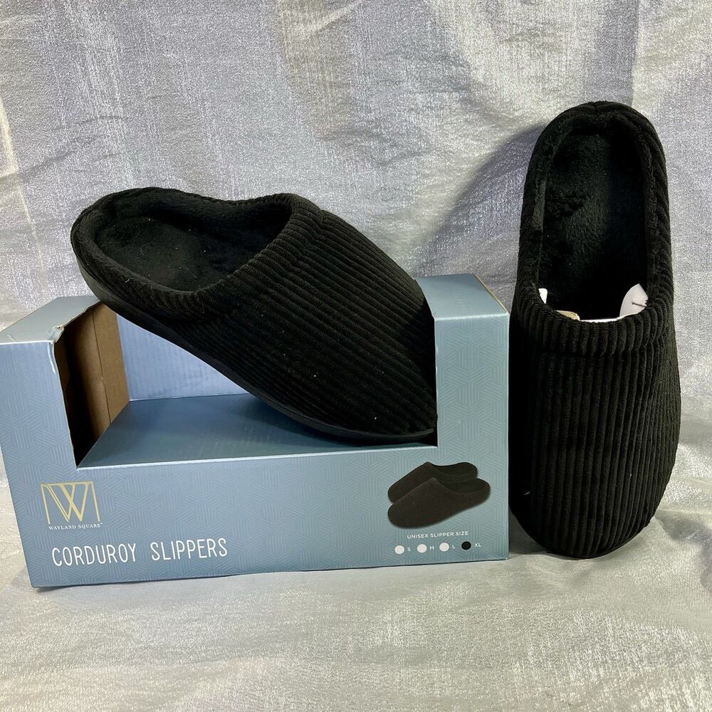 WAYLAND SQUARE Black Corduroy Unisex Slippers Size XL Men’s 11-12 Women’s 12-13